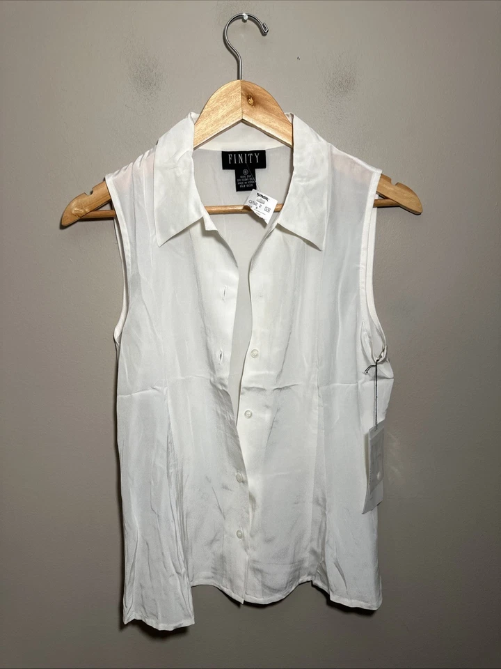 Top sin mangas vintage de seda Finity Y2K años 90 talla 8 clásico minimalista defecto de botón Foto 2 de 4