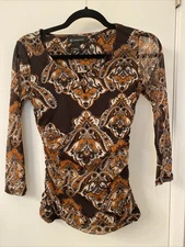 Inc International Concepts Women's Long Sleeve Brown Orange White Sheree Top S
