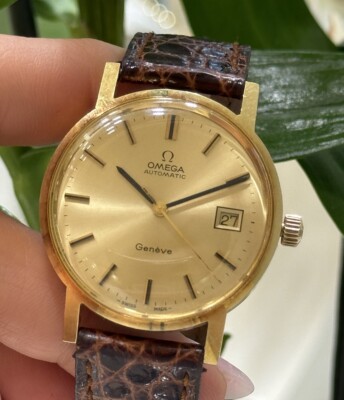 Omega Geneve Watch Solid Gold 18k 750 Automatic Date Cal.1481  Mens 34.5mm Swiss