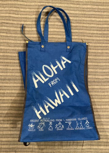 VTG 80s Hawaii Luggage Blue Aloha Roller Bag Ancient Petroglyhs 20x14x7 Tourist