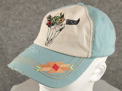 Catchfly Women Distressed Adjustable Hat Cap Southwestern w/ Cow Skull Flowers