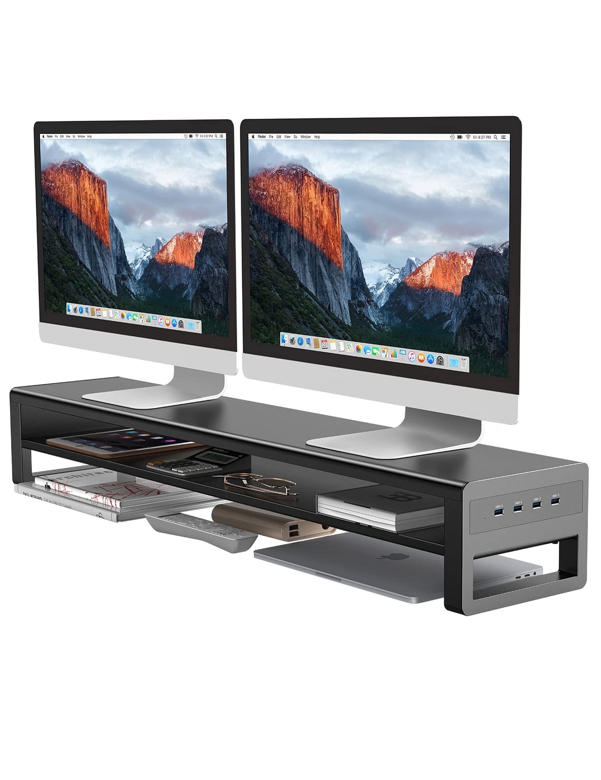 2-Tier Dual Monitor Stand with USB 3.0 Hub & Storage Space