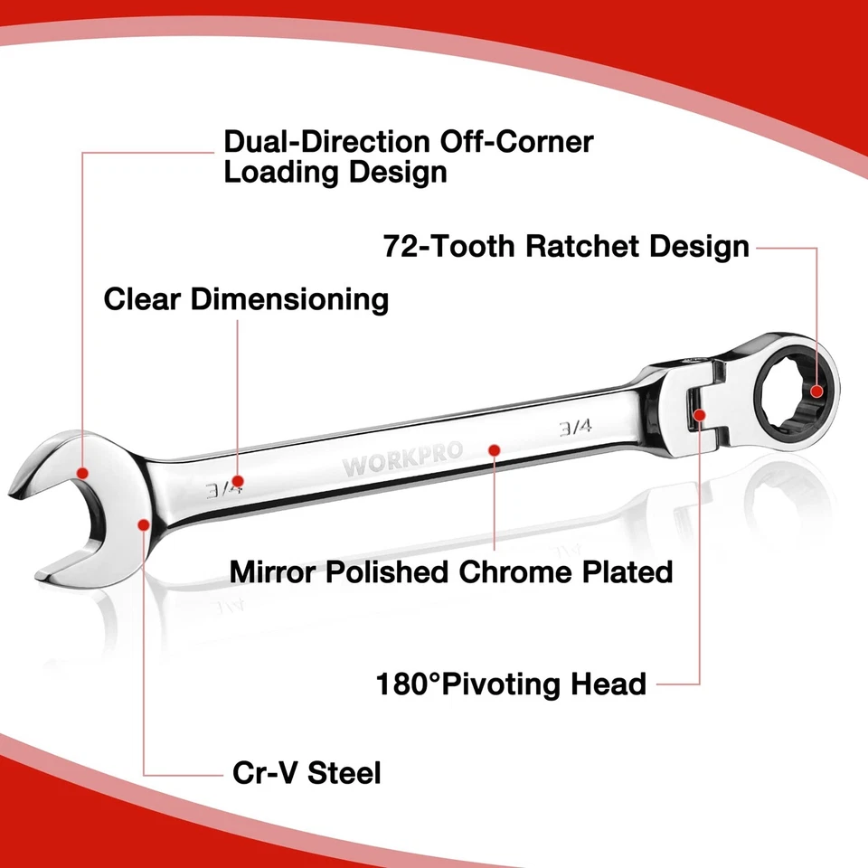 WORKPRO 8PC Flex-Head Ratcheting Combination Wrench Set SAE 5/16-3/4 in 72-Teeth - Image 4 of 4