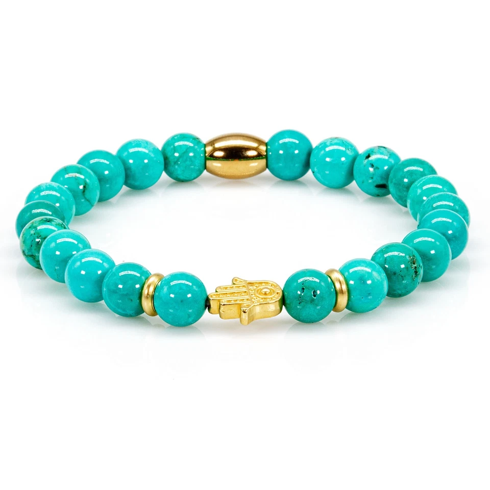 Perlenarmband Grüner / Blauer Türkis Perlen Hand der Fatima 24k vergoldet - Bild 3 von 4