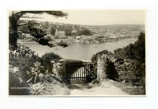 England, Salcombe 1929 RPPC photo postcard, path to water, boats, hillside