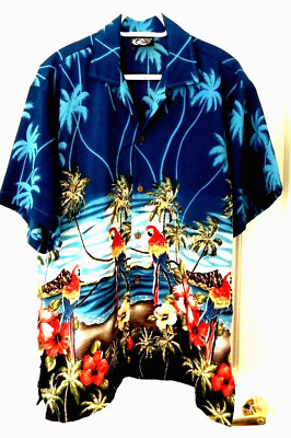 uluwatu Hawaiian Tropical Parrots Print Shirt-XL  Coconut shell buttons!