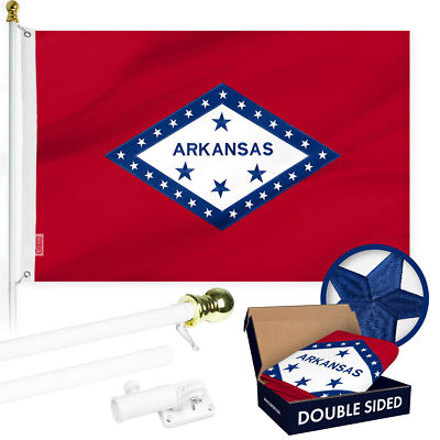 Combo: 6 Ft Flagpole White & Arkansas Flag 3x5 Ft Double Sided Emb 210D Poly