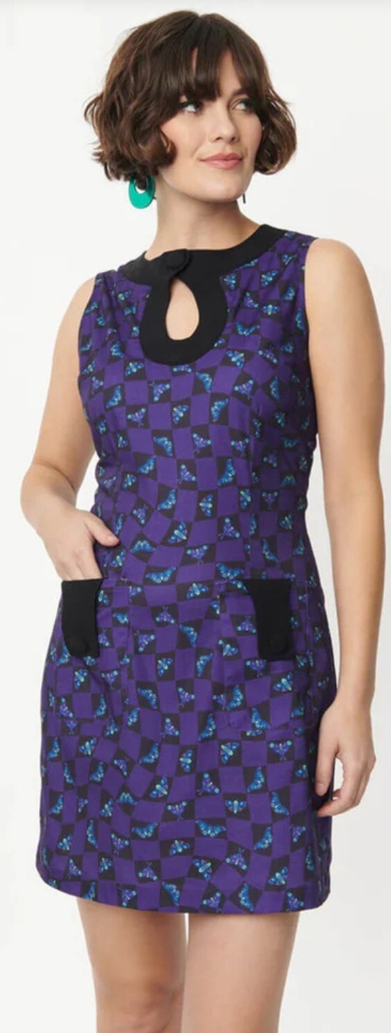SMAK PARLOUR Death Head Moth 1960's Shift Dress Purple & Black Size SMALL**NWT**