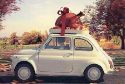 PICTURA Large Turkey Dinner on Top of Small White Car Humorous Funny Thanksgiving Card