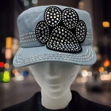 Crown Hats Rhinestone Paw Print Bling Cadet Style Hat Dog/Cat Mom Denim AdjusHat