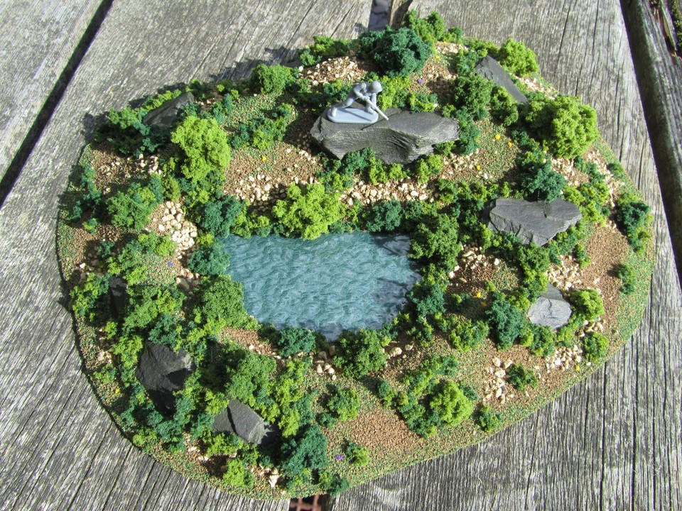 N / OO gauge model railway layout scenery hill with pond, rocks ...