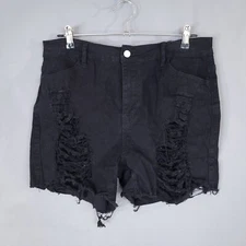 Women's Distressed Denim Sexy Shorts High Rise Stretchy Waist Black Size 2XL