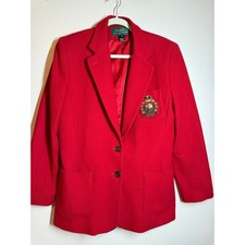 Vintage Lauren Ralph Lauren Red Wool Blazer Jacket Crest Logo Size 12