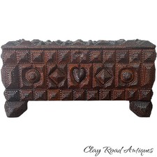 Antique Large Tramp Art Blanket chest American museum chip carved hearts 3 Foot