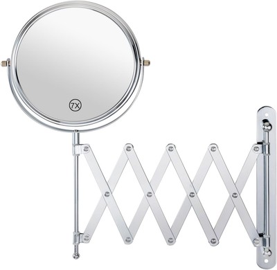 Retractable wall-mounted vanity mirror, space-saving design, chrome finish
