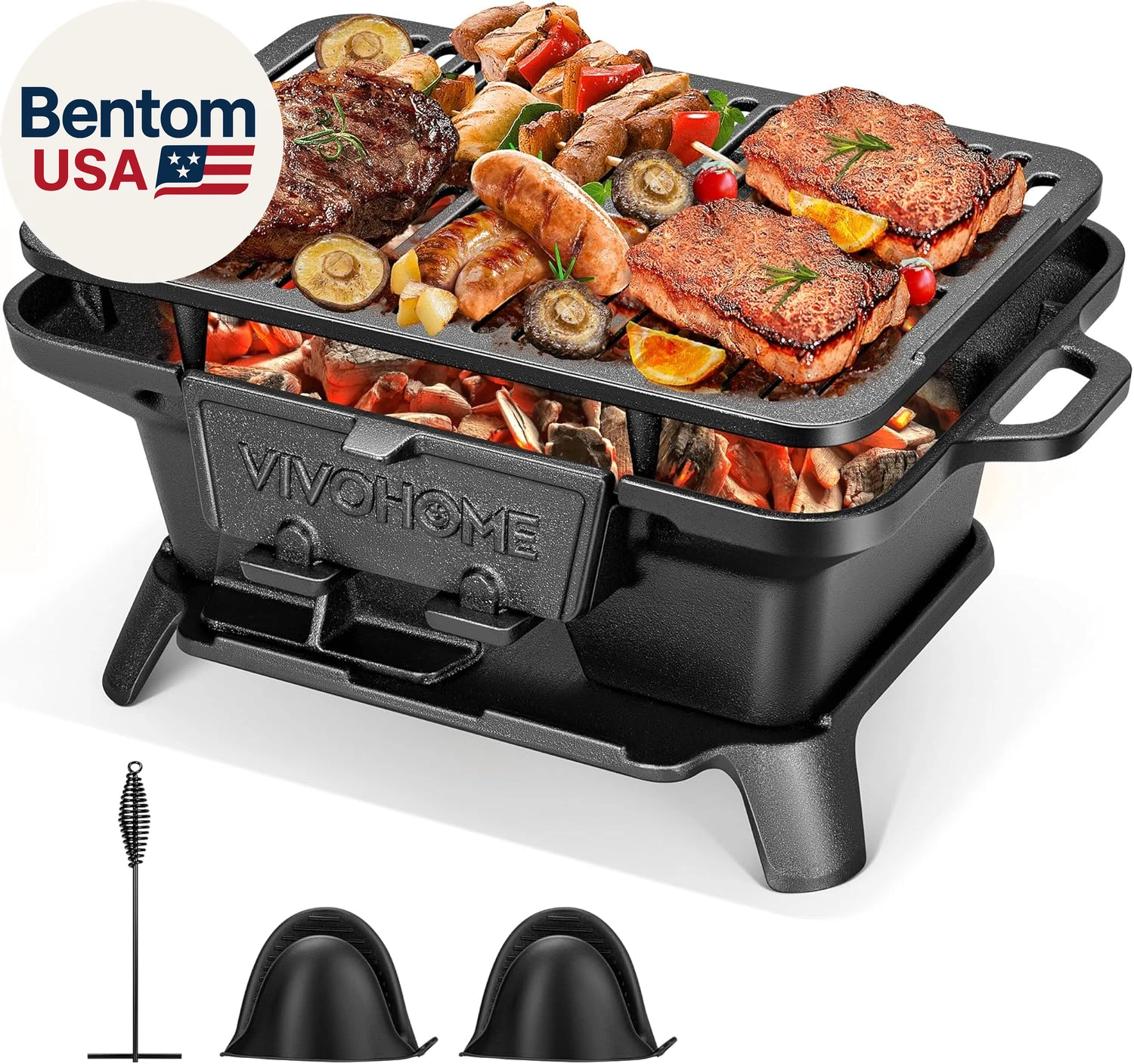 Rectangle Cast Iron Charcoal Grill with Double-Sided Grate, Portable Outdoor BBQ