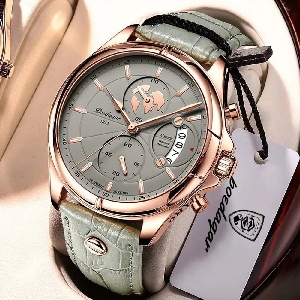 Montre chronographe étanche homme look décontracté bracelet cuir noir