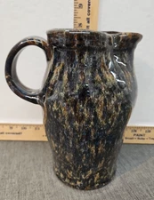Vintage Art Pottery Pitcher Jug Vase 8” tall Mixed Browns Blues Blacks Marked DH