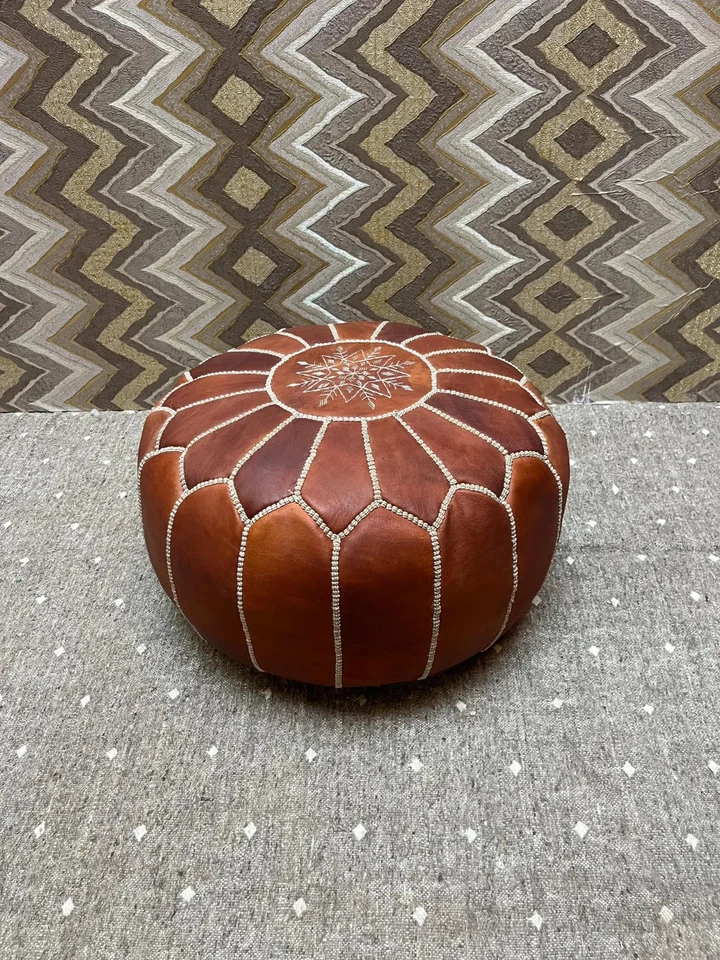 Handmade Moroccan Leather Pouf Ottoman: Boho Footstool, Meditation Cushion - Image 3 of 4