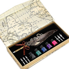 NC Feather Quill Pen Set - Includes 5 Ink Bottles, 6 Nibs, Mechanical Quill Pen