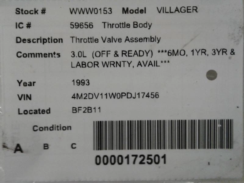 Conjunto de válvula de acelerador del cuerpo del acelerador a través de 11/93 se adapta a 93-94 QUEST 641855 Foto 3 de 3