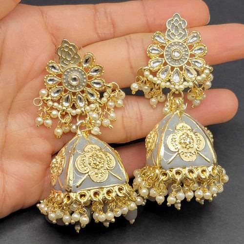 Gold Plated Kundan Jhumka Monalisa CZ Stones Indian Bollywood Flower Earrings - Picture 14 of 15