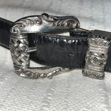 Brighton Black Croc Embossed Leather Belt Silver Ornate Buckle 29