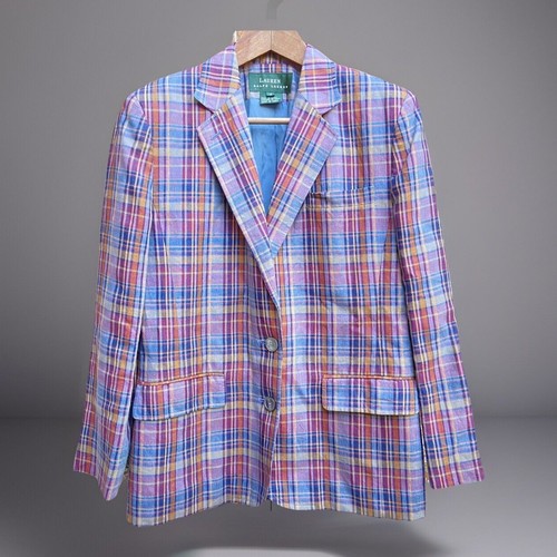 Vintage Ralph Lauren Madras Jacket Women’s UK 8 100% Linen Green Label Blazer