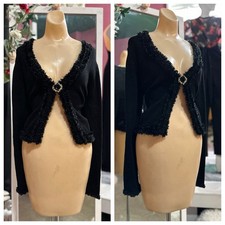 Vintage Y2K 2000s Fuzzy Trimmed Open Front Cardigan Black Whimsygoth Fairy L/XL