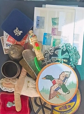 Junk Drawer Lot Old Collectibles Trinkets Coins Stamps Odds Ends