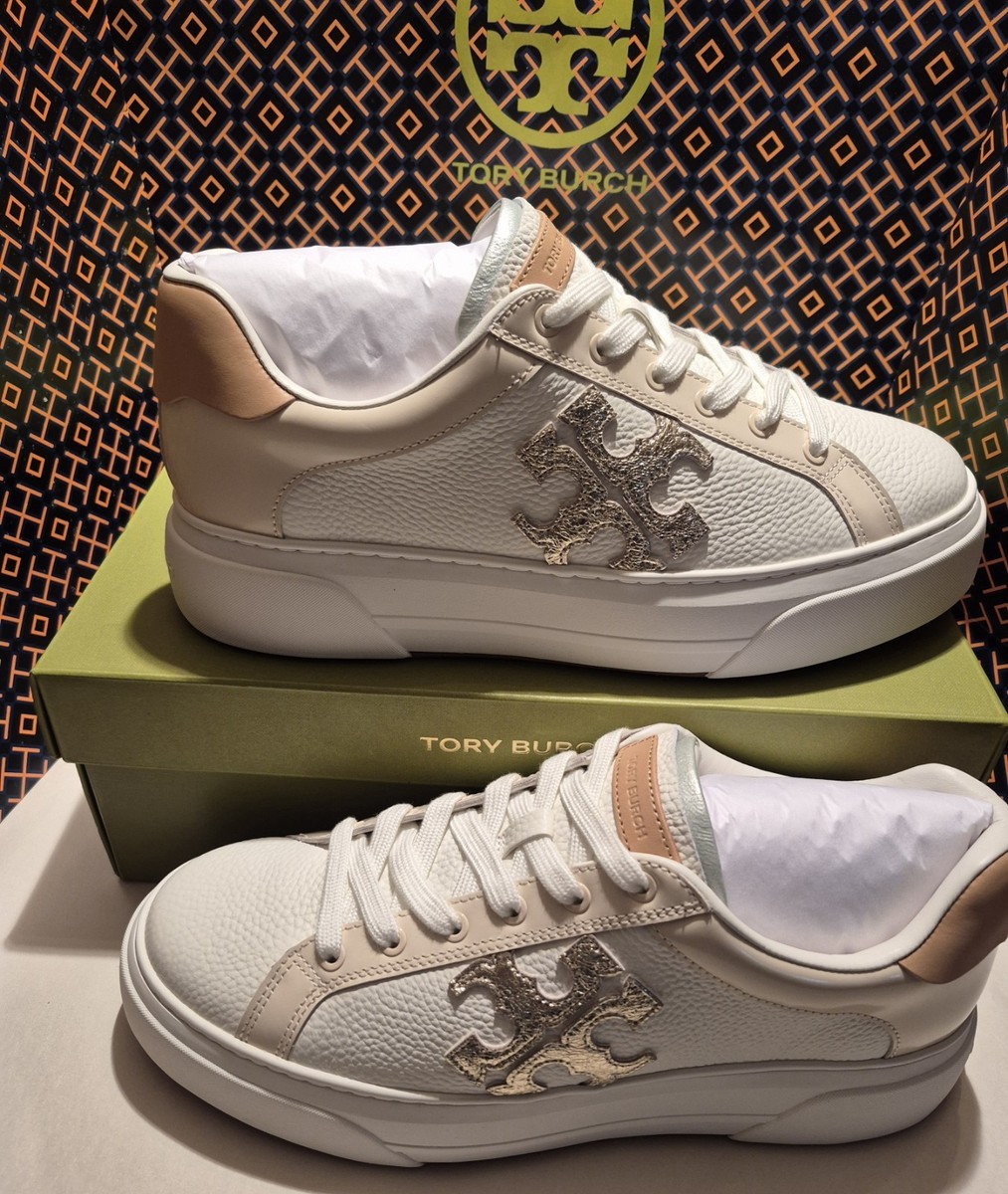 TORY BURCH PLATFORM SNEAKERS IN PURITY/WHITE GOLD/MINT DROP;SZ 10M