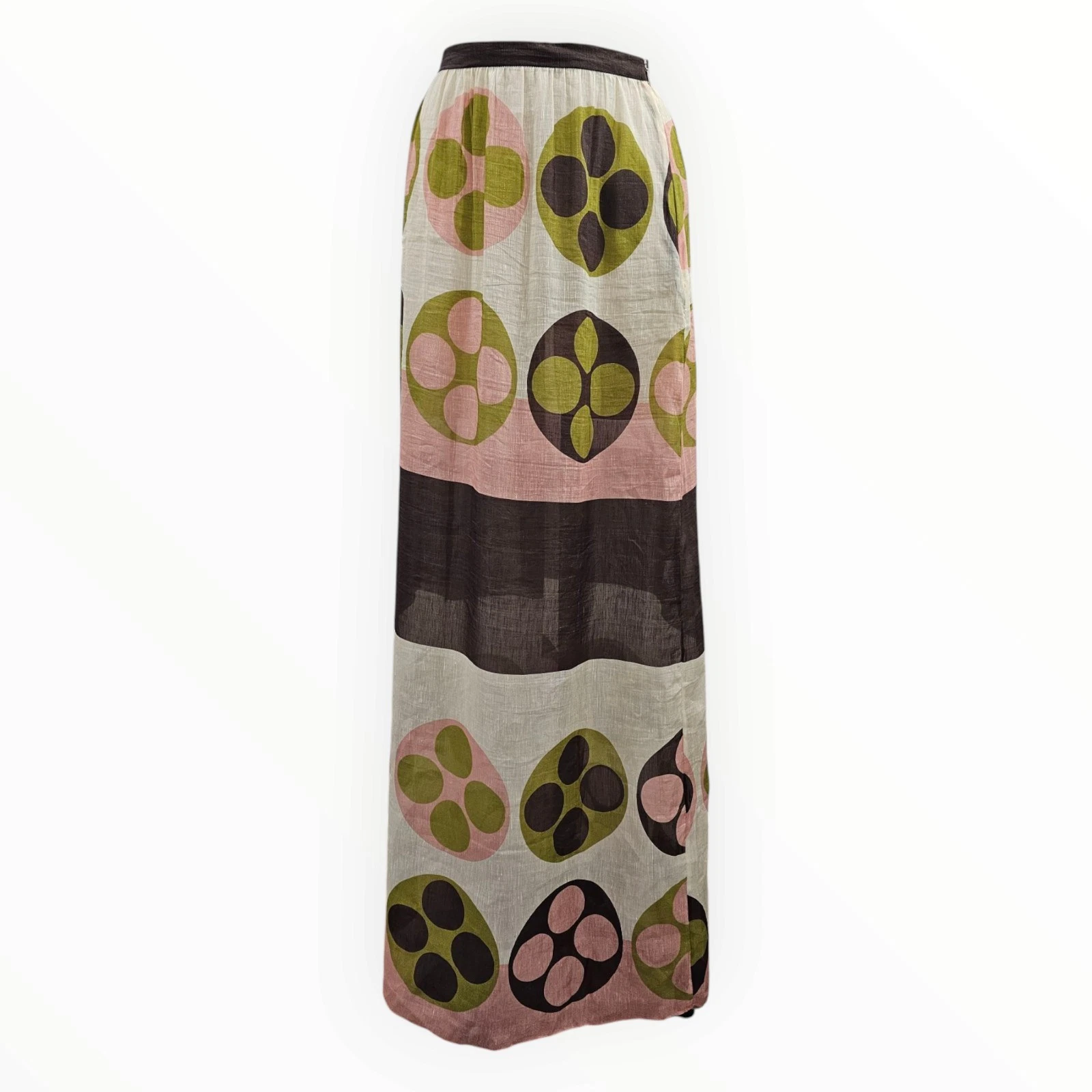 ADRIANA DEGREAS Giardino Silk Linen Blend Geometric Maxi A-Line Skirt L