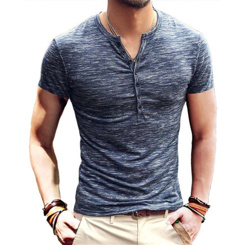 Mens Button Henley V Neck T-Shirt Stretch Top Tee Shirt Short Sleeve Slim Muscle - Picture 3 of 20