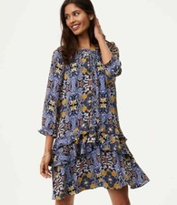 LOFT Autum Dream Floral Ruffle Swing Shirtdress XS Petites  3/4 Sleeves