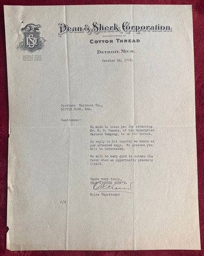 Vintage 1918 Dean & Sherk Corp Cotton Thread Detroit Michigan MI Correspondence