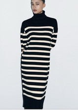 ZARA BLACK & WHITE STRIPED OVERSIZED MIDI HIGH NECK KNIT DRESS SIZE M UK 12