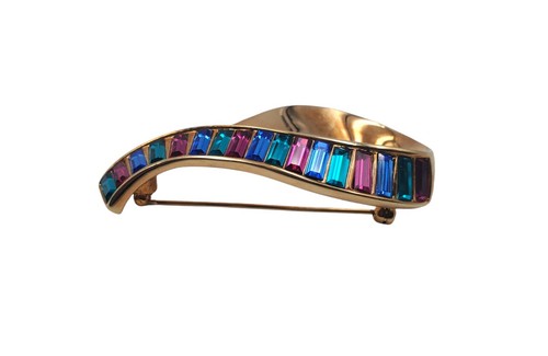 Vintage Swarovski Swan Signed Gold Tone Colorful Crystal Ribbon Tear Brooch Pin - Picture 3 of 8