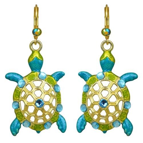 Kirks Folly Tootsie Sea Turtle Leverback Earrings Goldtone Aqua & Green Enamel - Picture 1 of 2
