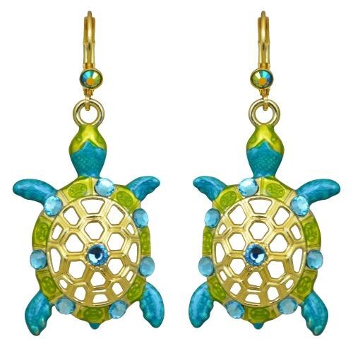 Kirks Folly Tootsie Sea Turtle Leverback Earrings Goldtone Aqua & Green Enamel - Picture 1 of 2