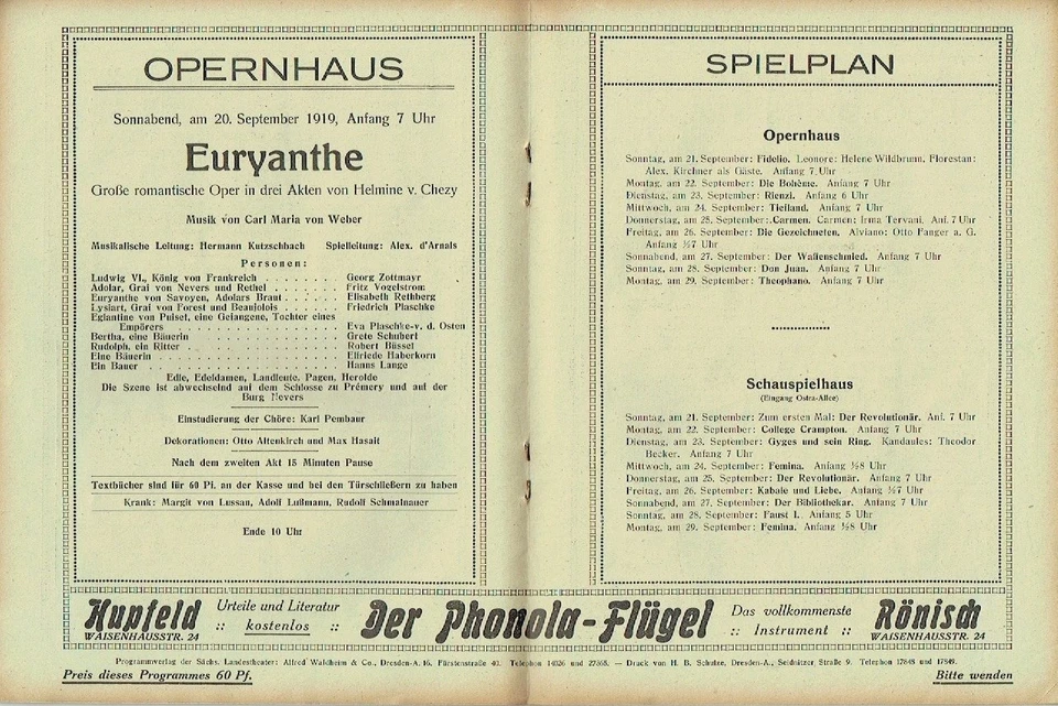 Oper Landesoper Dresden Programmheft Weber Euryanthe 1919 Semperoper - Bild 2 von 3