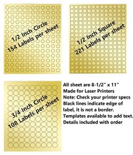 Blank Gold Foil Labels,  1/2" 3/4" Round and 12" Square ~ Sold by the Sheet