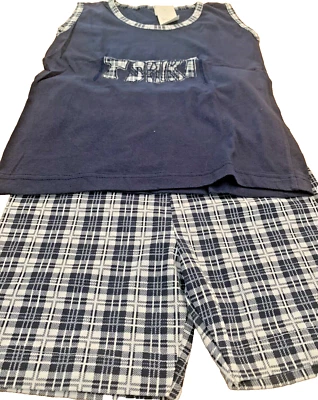 T-Shirt u. Radler im Set Gr. 140  m. Schriftzug aufgenäht blau/blau weiß kariert - Bild 1 von 4