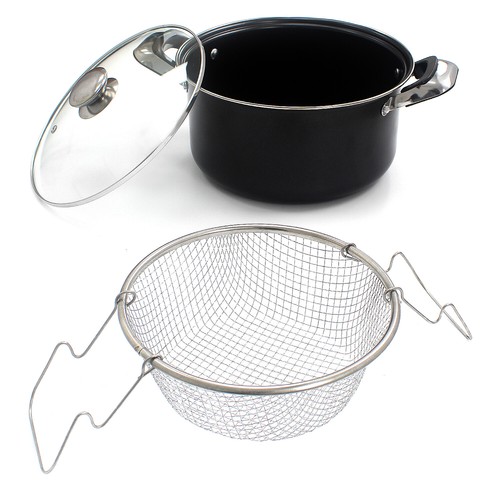 Chip Pan 24cm Deep Fat Fryer Non Stick Casserole Pot Fry Glass Lid