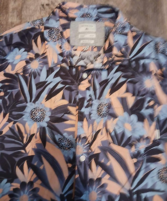 Quiksilver Hawaiian Shirt Mens Large Slim Blue Pink Floral Short Sleeve Button +
