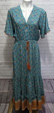 R Vivimos Dress Womens L Teal Blue Floral Maxi Tassel Boho Peasant Cottagecore