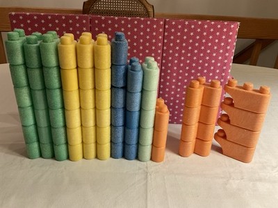 VTG. MATTEL PRESCHOOL CHUNKY SIZE TUFF STUFF WONDER BLOCKS LOT, 63 PCS. MADE USA