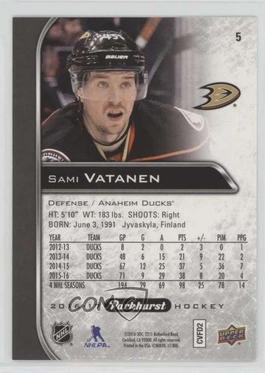 2016-17 Upper Deck Parkhurst Black Sami Vatanen #5 - Image 2 of 2