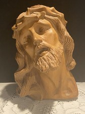 Busto cabeza de Jesucristo vintage de madera de olivo con corona de espinas tallada a mano