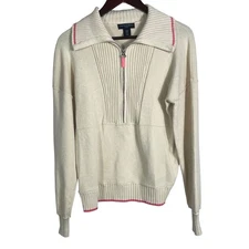 Cynthia Rowley Active Women's Sweater Medium Beige Half Zip Pullover Pink Trim