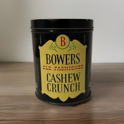 VINTAGE BOWERS CASHEW CRUNCH CANDY TIN MOORESTOWN NJ 5  Tall